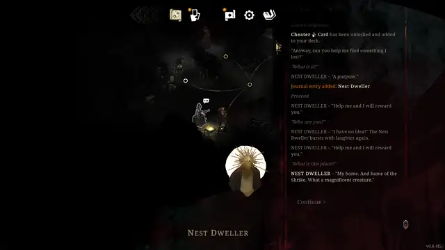 Nest Dweller dialogue unlocking a card during the Shrike’s Lair opening