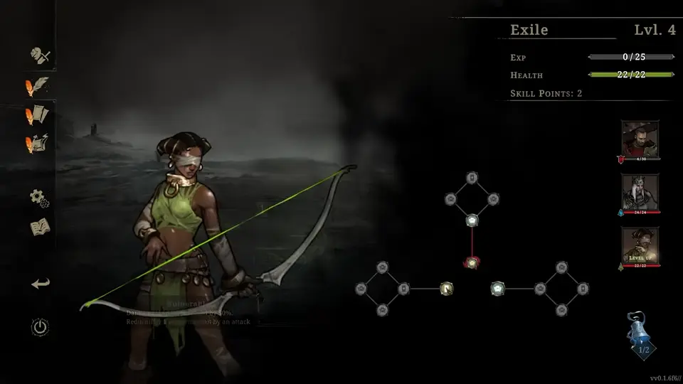 Exile skill tree and party portraits on the level-up screen